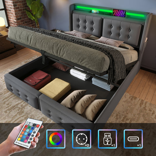 Upholstered Bed 160x200, Double Bed With LED Headboard And USB C Charging Function, Hydraulic Bed With Wooden Slatted Base And Metal Frame, Load Capacity 300 Kg, Grey, Cotton  Without Mattress