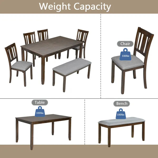 6 Piece Kitchen Dining Set, Rectangular Wooden Dining Table With 4 Upholstered Chairs And A Bench, Dining Table Set For 6 People, Living Room, Home Bar And Kitchen, Walnut