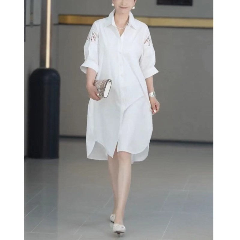 New White Lapel Blouse Dress Loose-fitting Mid-length Womens Skirt