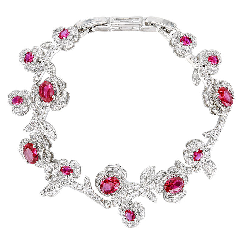 Heavy Craft Floral Bracelet For Women, Scarlet Tone Simulated Zirconia Full Pave Rhinestone Hollow Silver Tone Hand Jewelry Light Luxury Sweet Daily Accessories