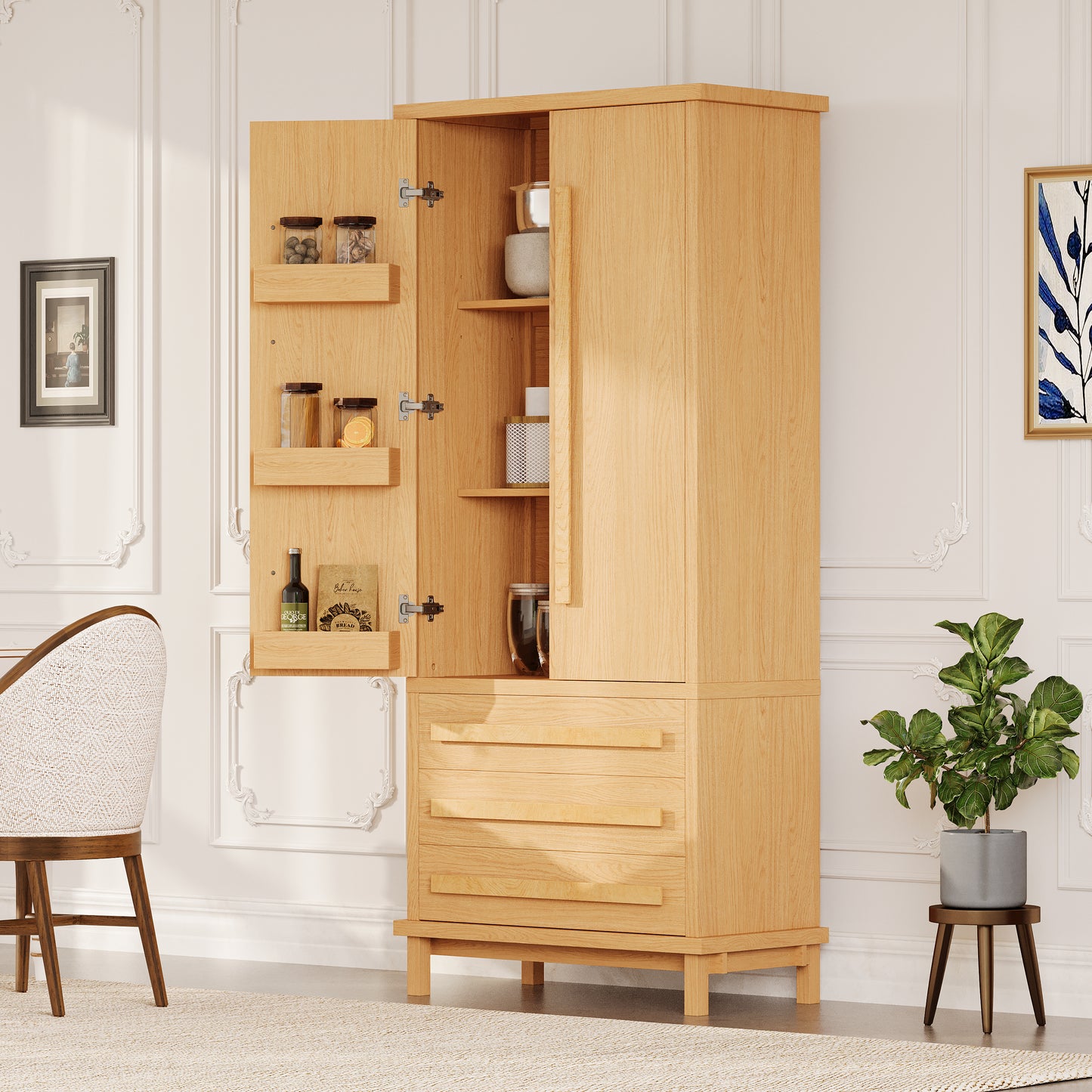 70  Kitchen Pantry Cabinet With 2 Cabinet Shelves,Luxurious Wooden Cupboard With 6 Door Shelves And 3 Drawers For Kitchen, Dining Room,Natural