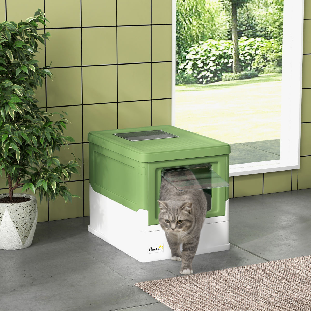 PawHut Hooded Cat Litter Box, Portable Pet Toilet, With Scoop, Front Entry - Light Green