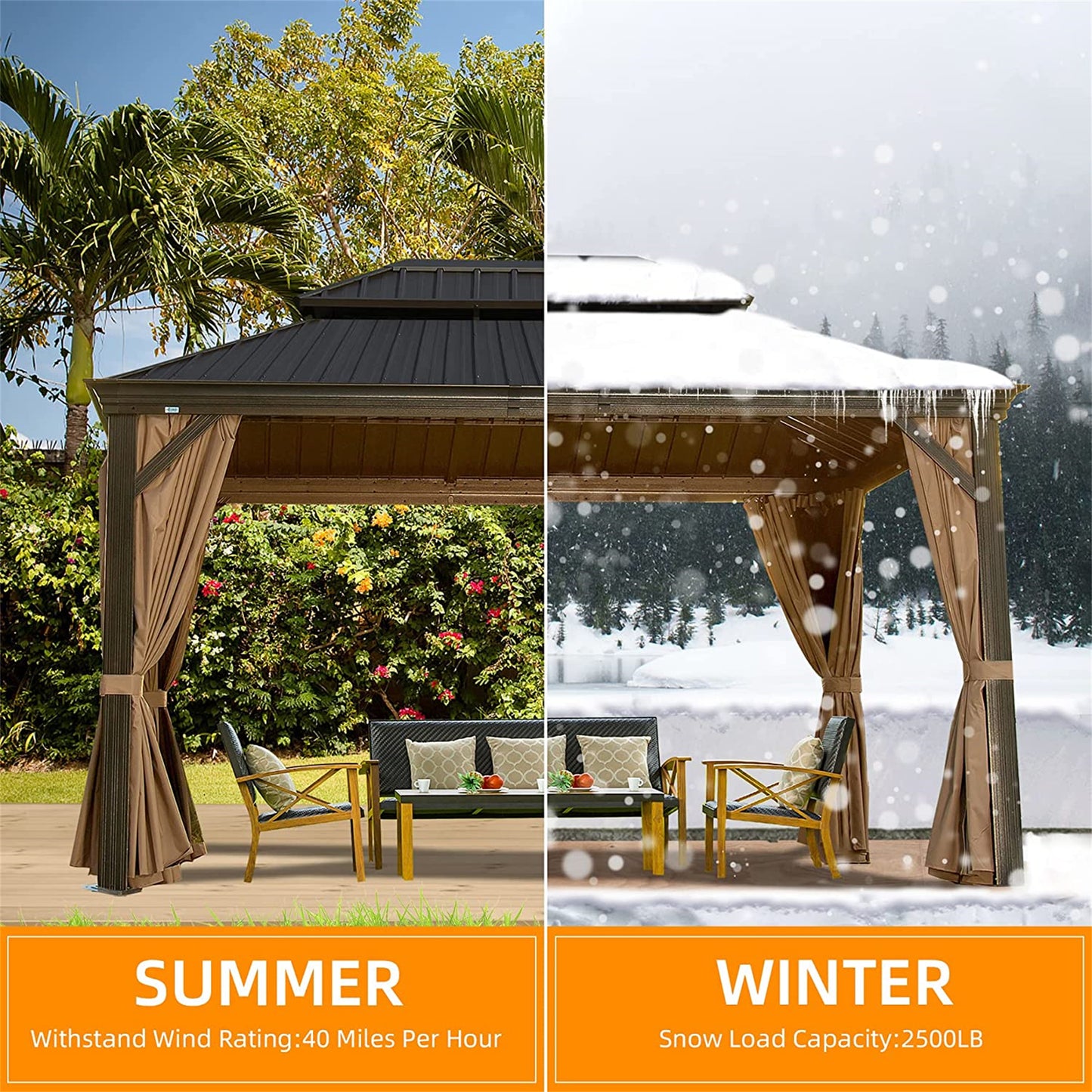 10   X 12  Hardtop Gazebo Outdoor Aluminum Gazebos Grill With Galvanized Steel Double Canopy For Patios Deck Backyard,Curtains&Netting, Brown