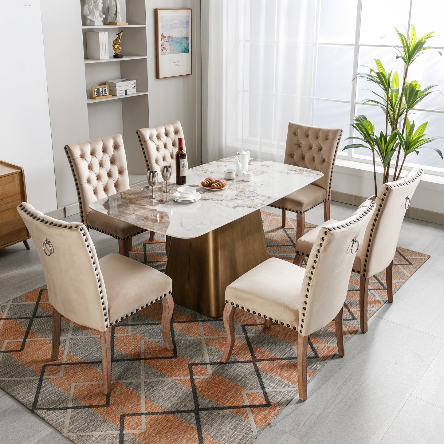 Dining Chair Kitchen Chair Living Room Chair With Unique Door Clamp On The Back, 6 Pieces, Upholstered Chair With Nail Head Occupation, Legs Made Of Solid Wood, Velvet Cover, Light C Amel