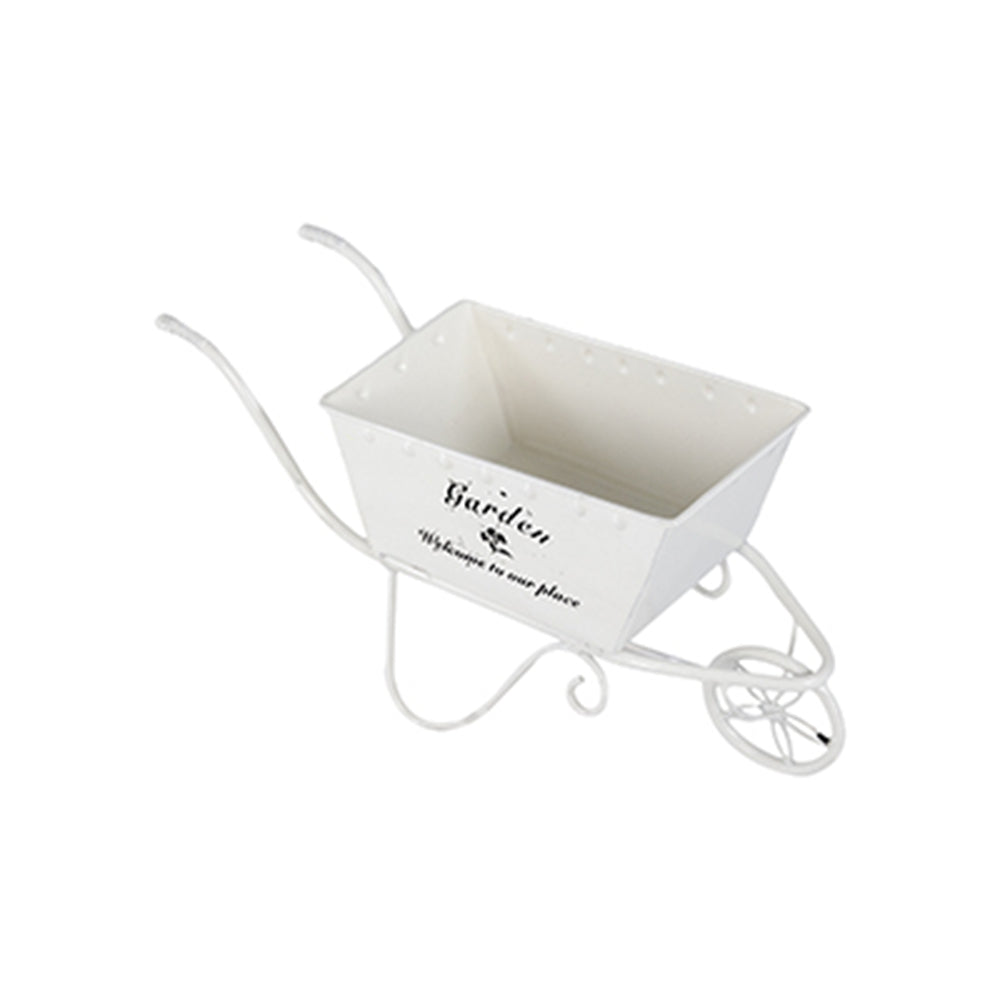 11.5x4x7  White Metal Decorative Disressed Wheelbarrow Planter, Tabletop Decor