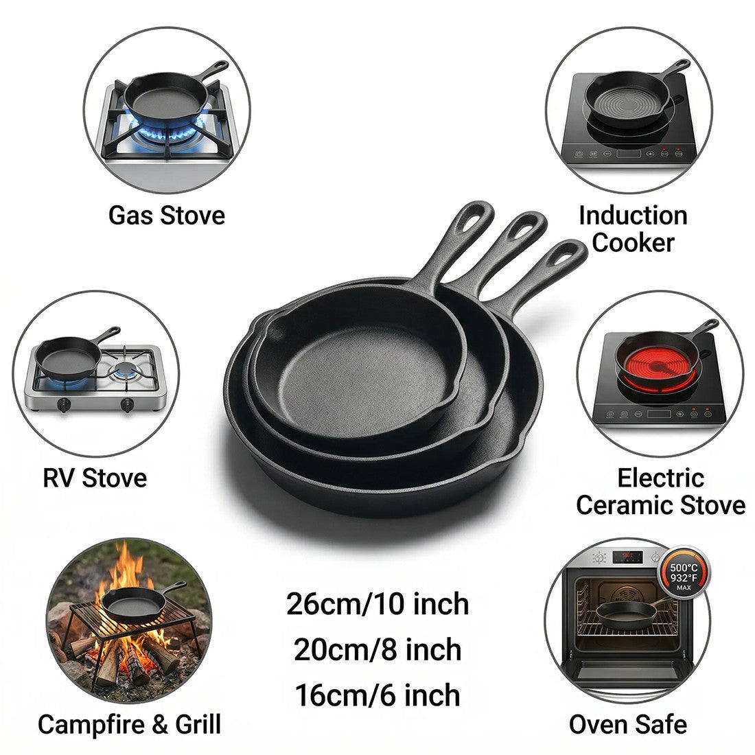 3pcs Pre-Seasoned Cast Iron Skillet Grill Pan With Handle For Grill, BBQ,Kitchen And Camping Cookware