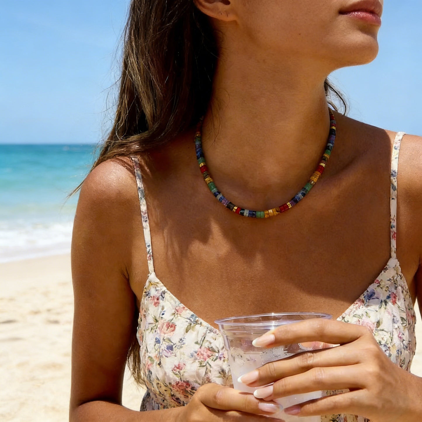 7 Chakra Heishi Bead Choker Necklace For Women, Colorful Natural Stone Tube Beads, Gold Extension Chain, Boho Jewelry Gift Daily Wear