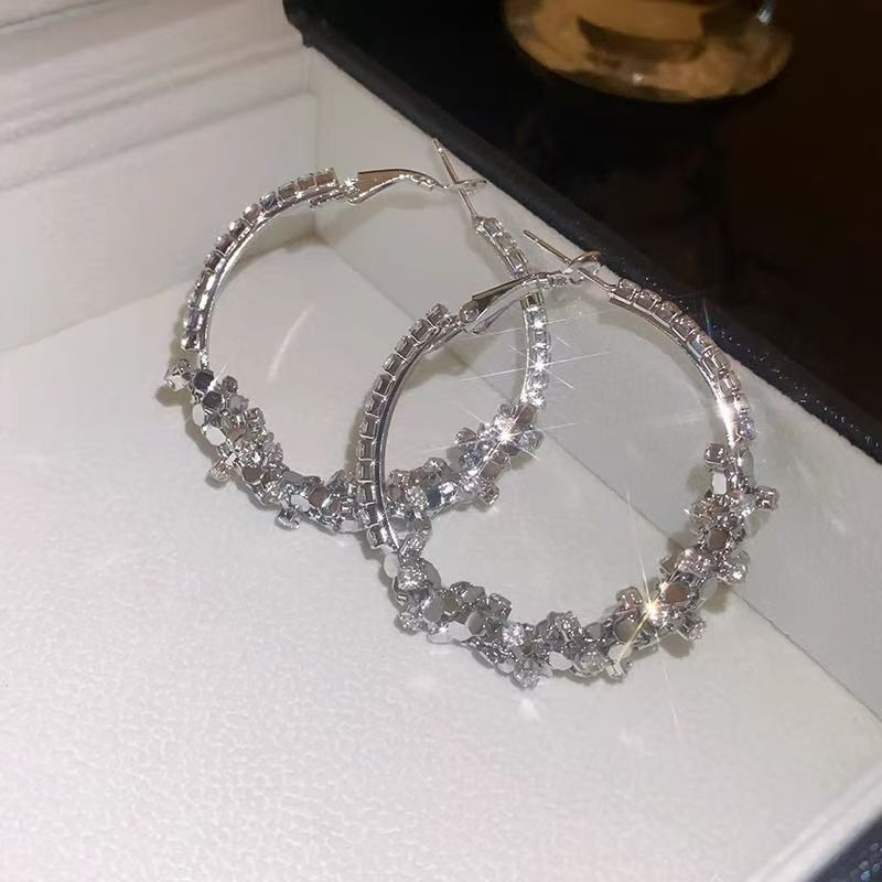 Korean Chic Style Silver Sparkling Rhinestone Big Hoop Earrings For Women, Light Luxury High-End Bold Personality Circle Stud Ear Jewelry