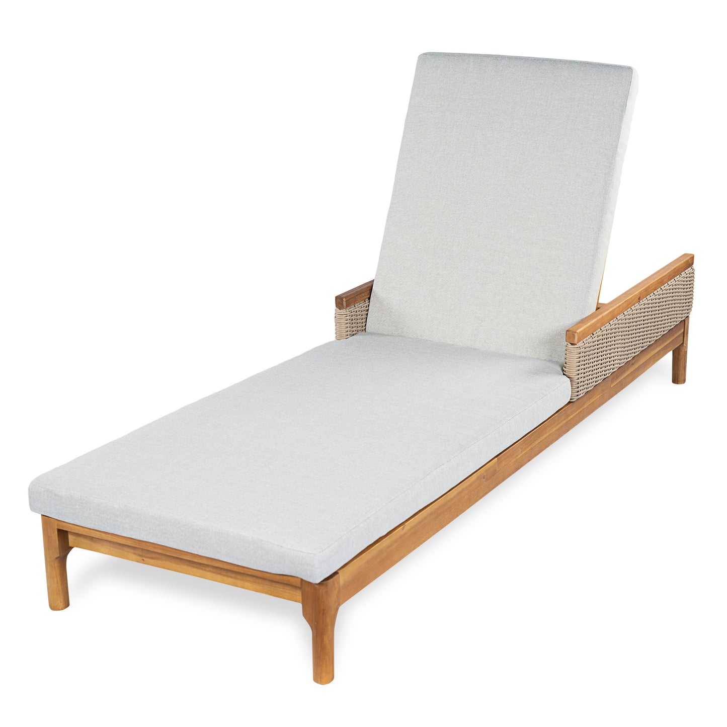 Solid Acacia Wood Sun Chaise Lounger With Grey Cushions And Light Grey Wicker, 76.8  Outdoor Patio Furniture For Garden, Deck, Poolside Relaxation,Natural  Light Grey Wicker