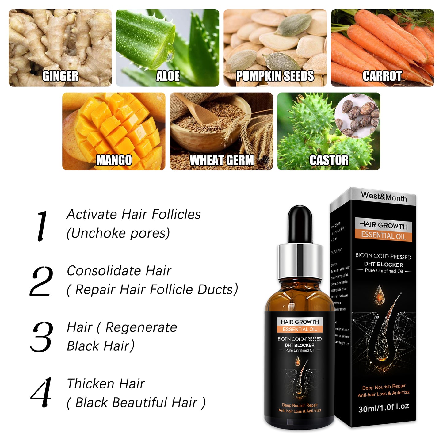 West&Month Hair Growth Essential Oil, Dense Hair Growth Repair Dry Hair And Moisture Hair Essence