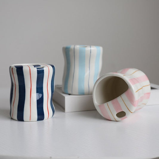 Highly Aesthetic Korean-style Hand-painted Striped Minimalist Ceramic Coffee Cupperfect For Home Use