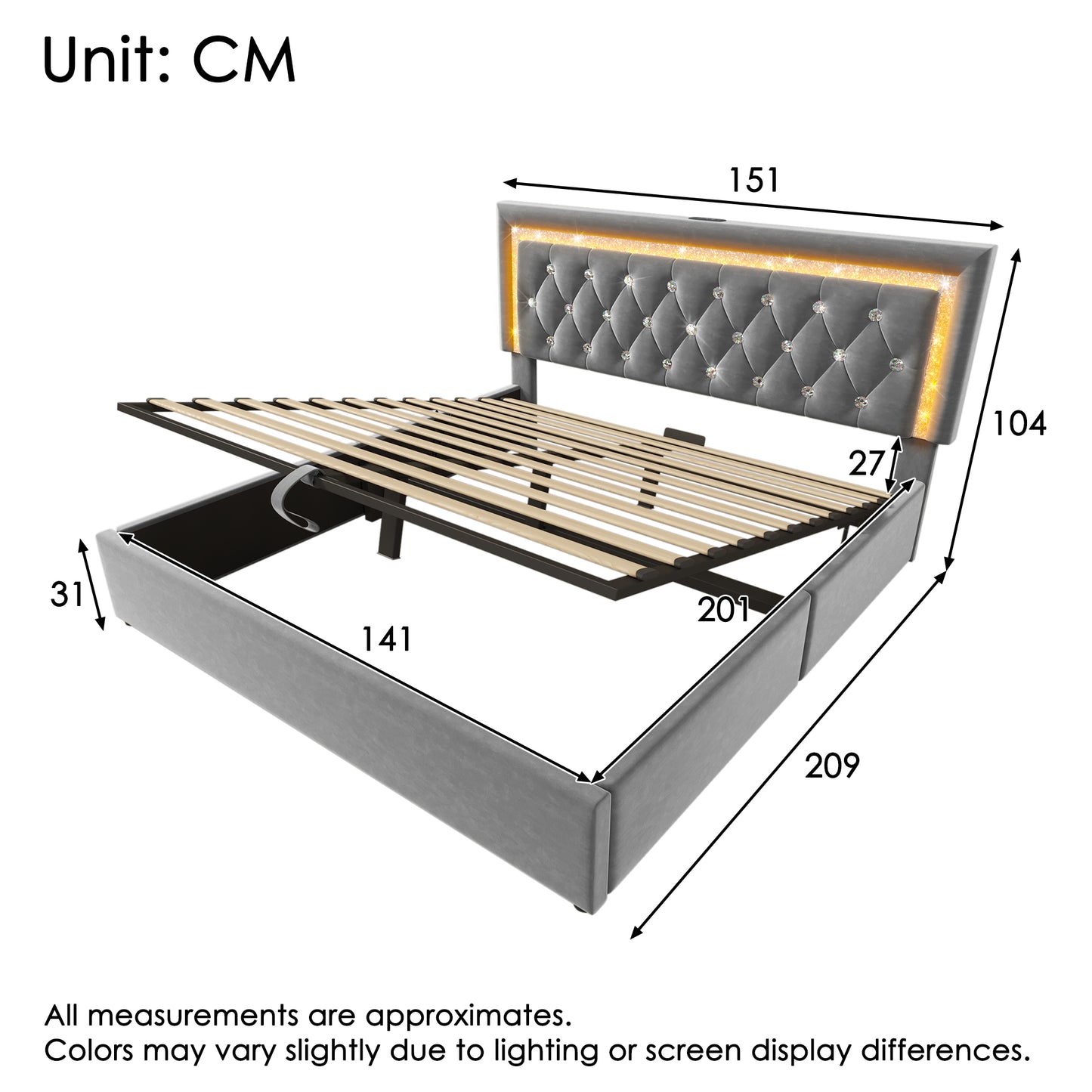 Upholstered Bed 140x200 Cm Velvet Double Bed With LED Diamond Stripes In The Headboard, USB & Type-C Charging Station, Hydraulic Storage Space, Youth Bed With Slatted Frame, Modern Functional Bed, Gre