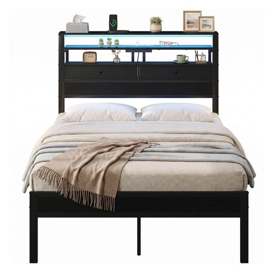 Full Bed Frame With Charging Station And LED Lights, Wood Headboard, 2 Fabric Drawers And Storage Shelves, Metal Slats, No Box Spring Needed