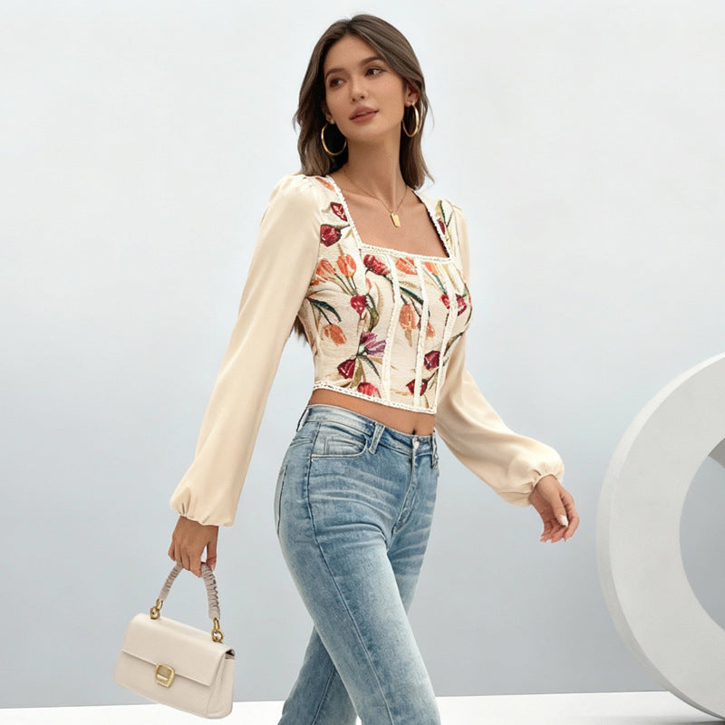 Women's French-style Afternoon Tea Court Hepburn-style Floral Top