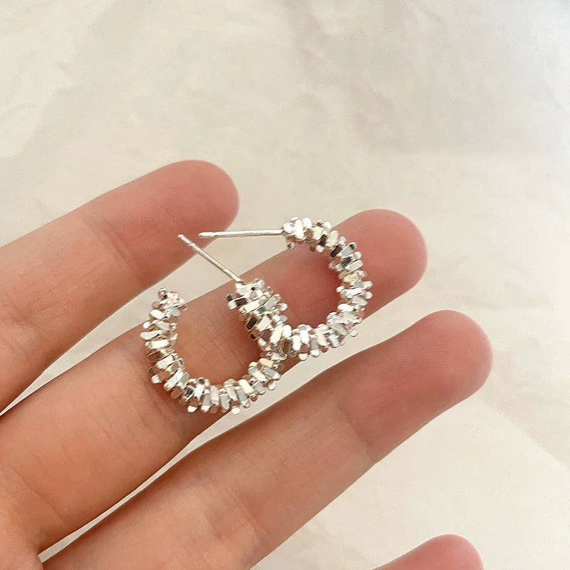 1pair 999 Sterling Silver Crushed Bead Hoop Earrings, Minimalist Chic Style, For Daily Wear & Casual Office Outfits