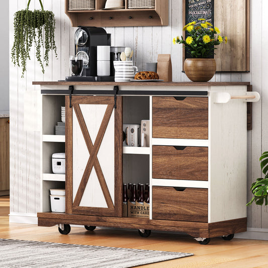 K&K 55.5  Farmhouse Kitchen Island With Drop Leaf, Kitchen Storage Island With Barn Door, Power Outlet, Rolling Kitchen Cart On Wheels With Spice Rack, For Home, Kitchen, Dining Room, White