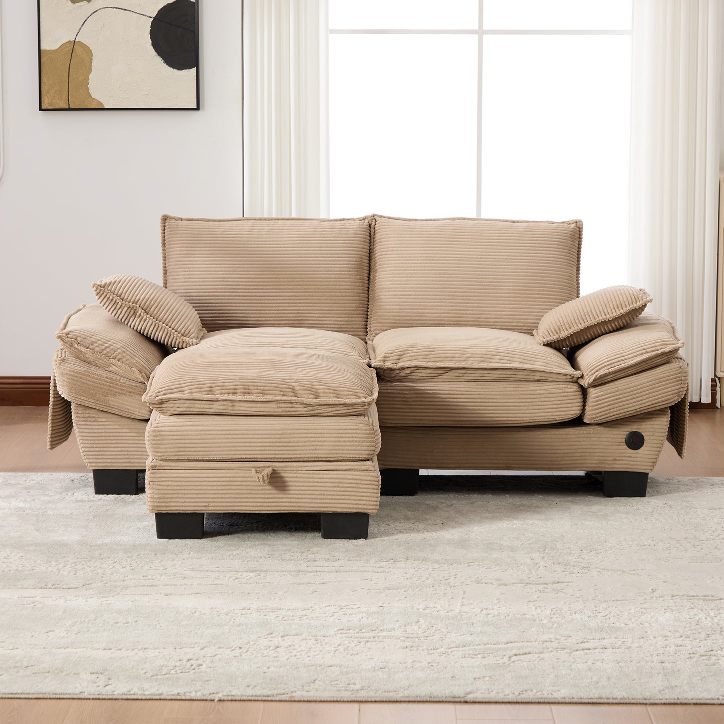 Modular 2-seater Corduroy Sofa  With Stool  Wide Seat, Ergonomic Design, High-density Foam Padding, USB-C Port And Side Pockets. Ideal For Living Room, Office Or Lounge.Khaki