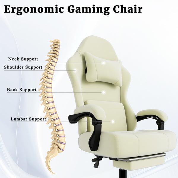 Ergonomic Gaming Chair, Video Game Chair With Massage Lumbar Support And Footrest, Height Adjustable Fabric Computer Chair With Pocket Spring Cushion, White