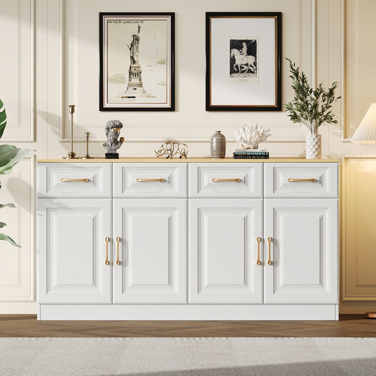 140 Cm Sideboard Buffet With Storage Space, Coffee Bar Cabinet With 4 Drawers And 4 Barn Doors, Long Storage Cabinet In Modern Farmhouse Style, White Wood, For Kitchen, Dining Room, Living Room