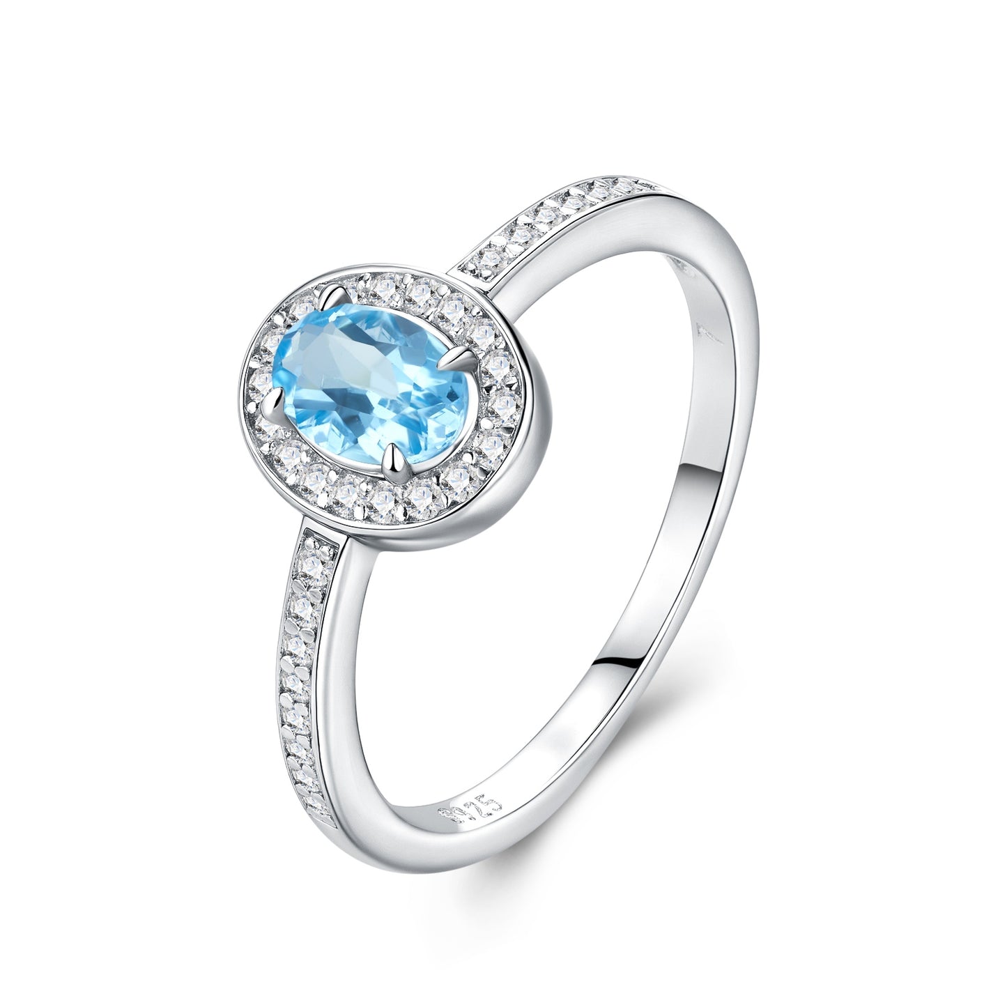 S925 Sterling Silver Platinum Plated Ring  Oval Cut Blue Topaz Halo Band 2g Dainty Promise Ring For Women Fashion Jewelry Gift Box Set