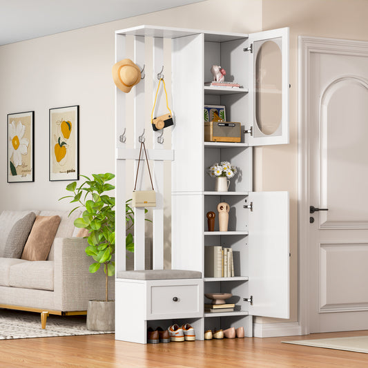 85x33.5x200cm Compact Wardrobes,Home Furniture With 2 Cabinets,Tempered Glass Storage Cabinet, Wardrobe Set White Entrance Cabinet, Coat Rack With Shoe Bench And Upholstery