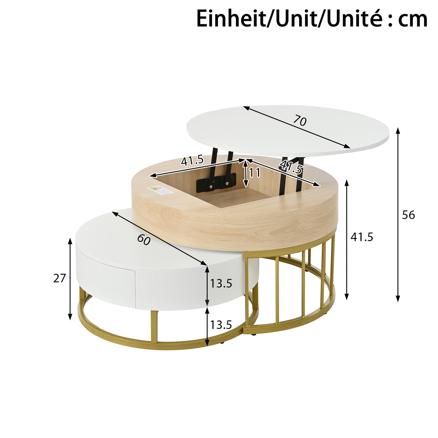 Combination Of Large And Small Round Coffee Table, Height-adjustable Table Top, Drawer, Golden Metal Frame, White Combined With Wood Effect, MDF Body, Multifunctional Living Room Table