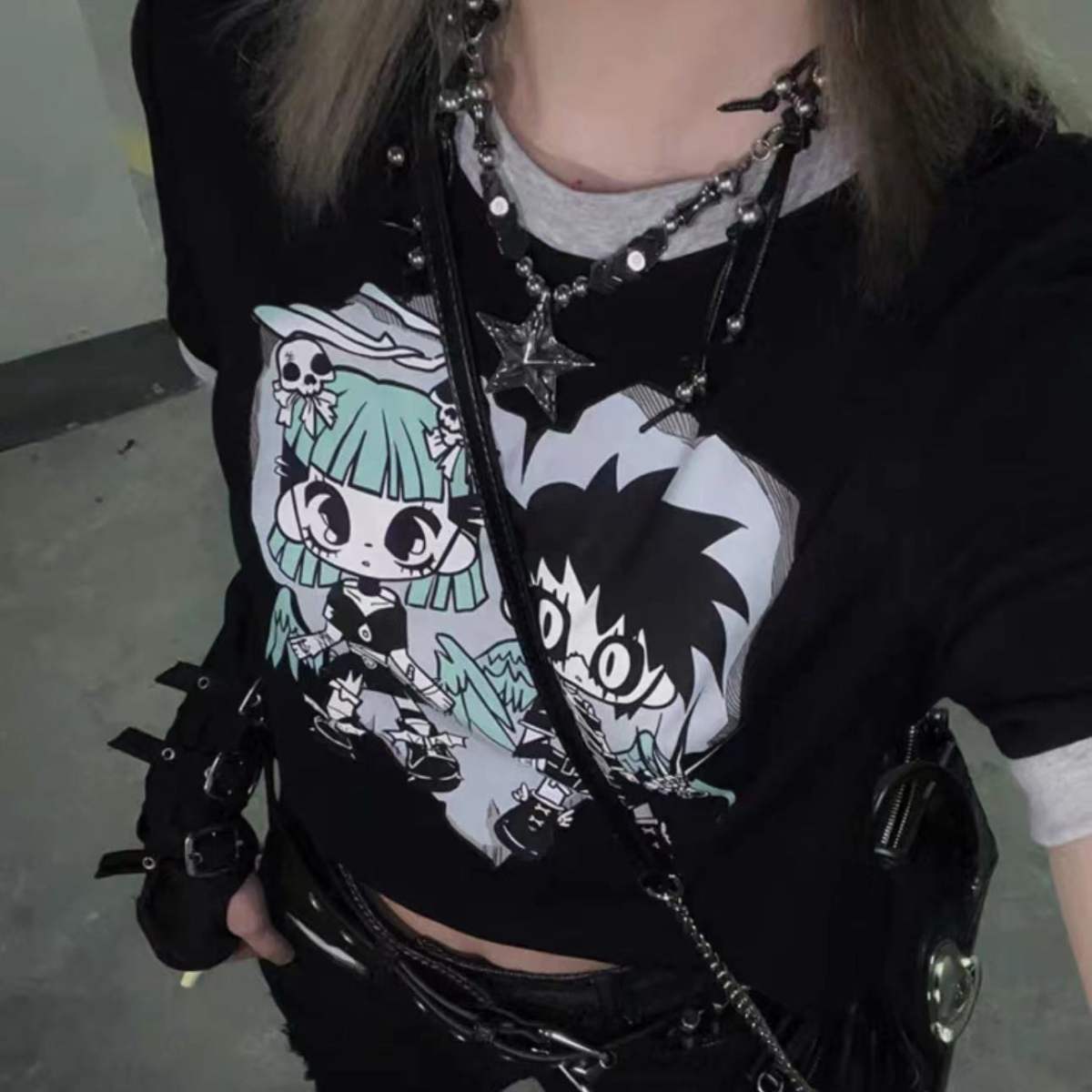 New Seasonal Patchwork Short-sleeve Street-style Cropped Top For Sassy Girls