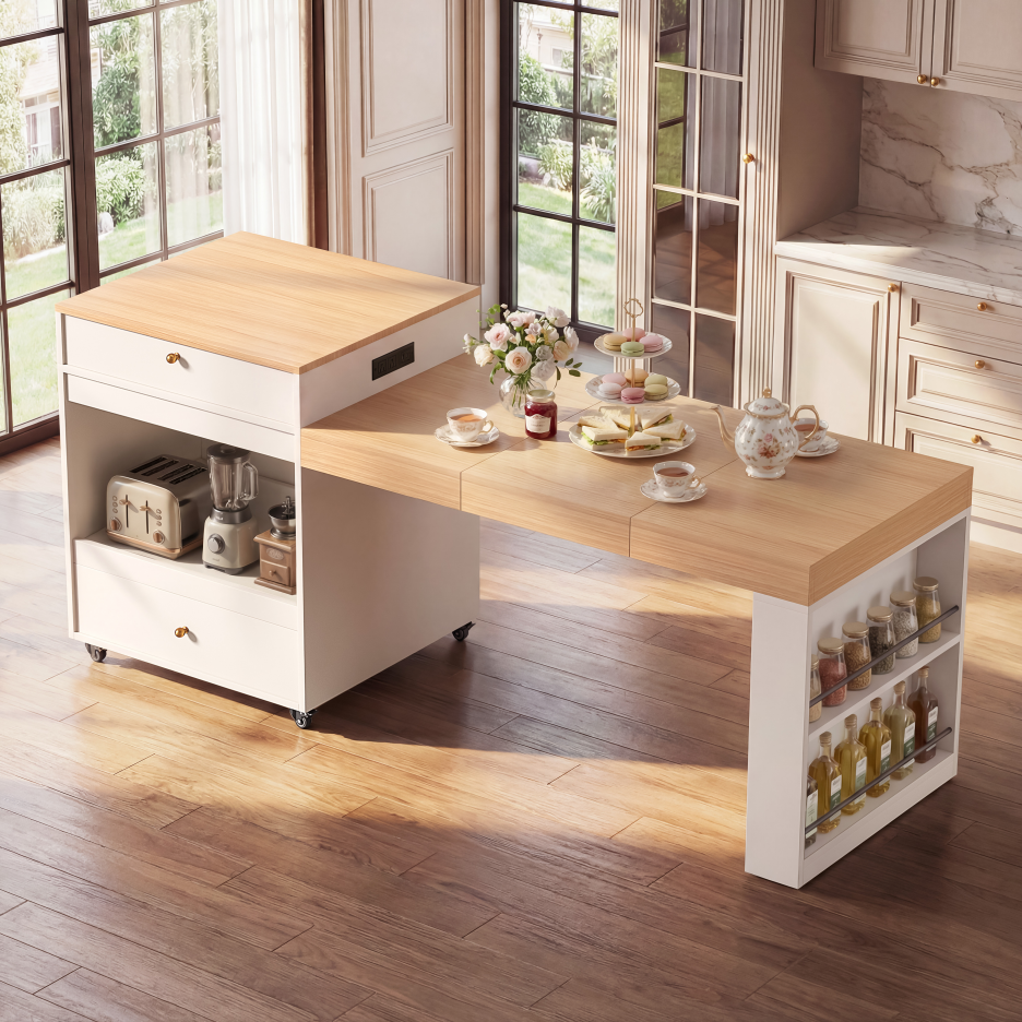 78.8inch Rolling Kitchen Island With 3-Stage Extendable Dining Table Seats 6-8, Built-in Power Outlet, Ample Storage Drawers & Cabinets, Mobile On Wheels - High-Density MDF, Easy Assembly