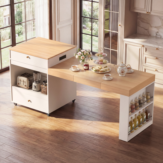 78.8inch Rolling Kitchen Island With 3-Stage Extendable Dining Table Seats 6-8, Built-in Power Outlet, Ample Storage Drawers & Cabinets, Mobile On Wheels - High-Density MDF, Easy Assembly