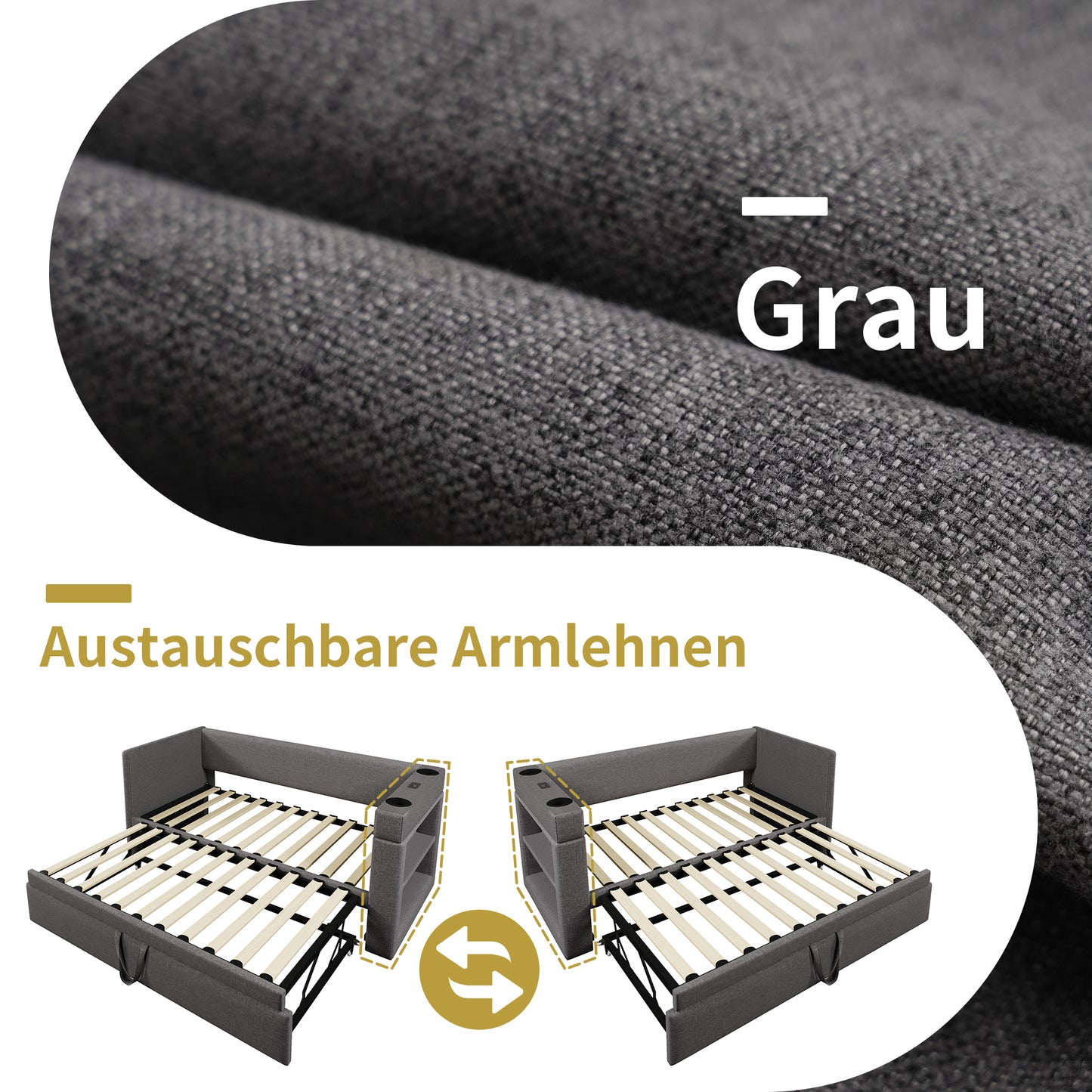 Upholstered Daybed 90x200 Cm, Single Bed Sofa Bed With Pull-out Bed, Armrests With USB & Type-C Charging Port And Cup Holder, Linen Blend, Grey, Without Mattress.