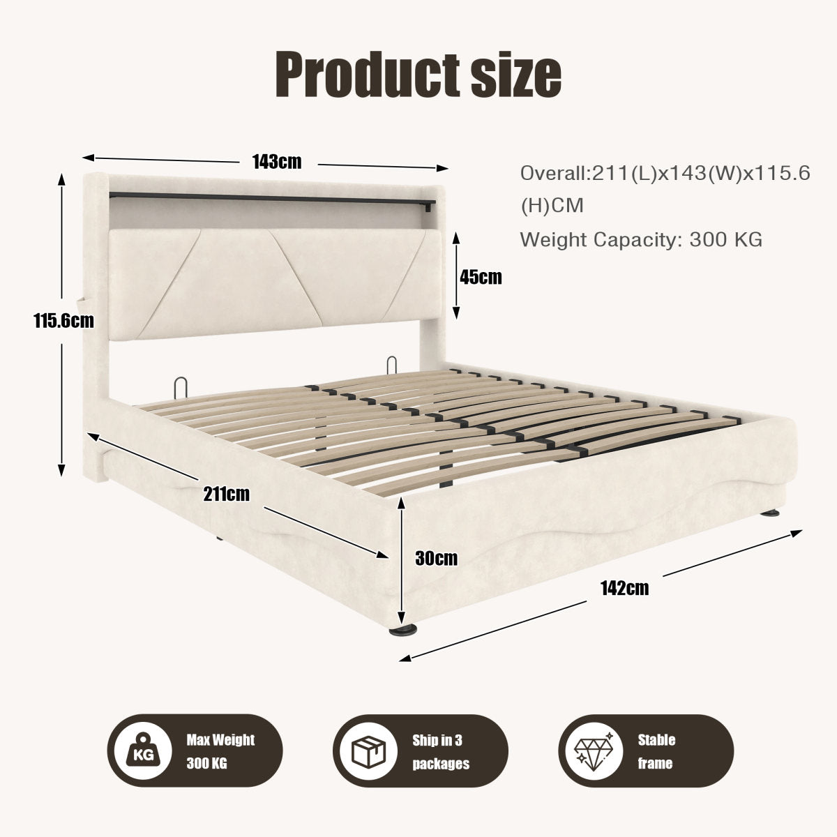 Modern Upholstered Bed Headboard With LED Lighting And Shelving Surfaces, Additional Under-bed Storage, Quiet Gas-pressure Slatted Base, Certified USB Ports, Practical Side Pockets.135x190cm Beige