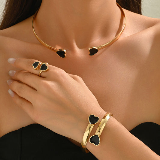 Cross-border European American Women Jewelry Set, Niche Enamel Geometric Heart Design Necklace, Bangle & Open Ring Premium Accessories