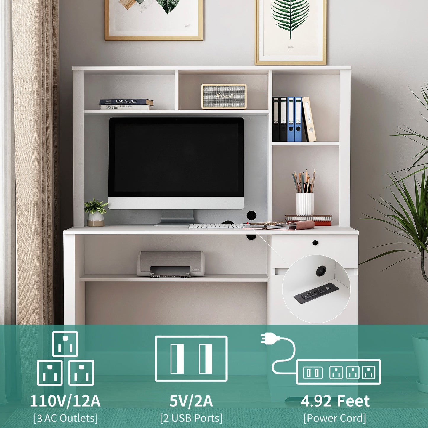 Computer Desk With Hutch & Bookshelf,Wood Executive Desk Teens Student Desk Writing Laptop Home Office Desk With Drawers,3 AC Outlets And 2 USB Charging Ports,Study Laptop Table For Home White