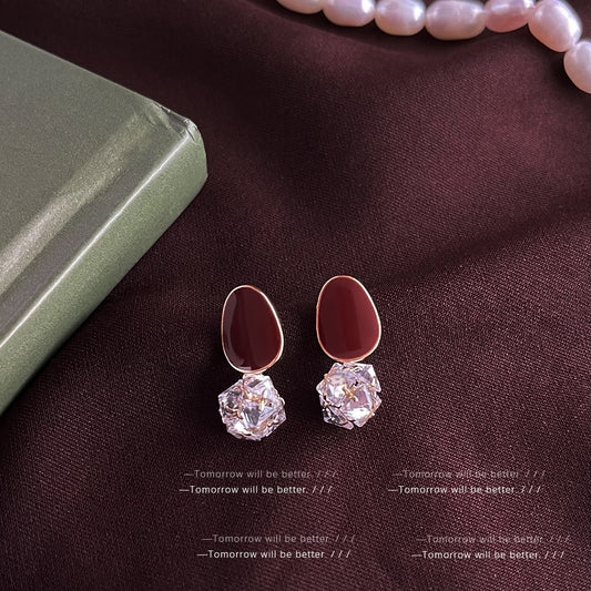 Vintage Wine Red Earrings Women French Enamel Stud Earrings Luxury Fashion Wholesale Jewelry