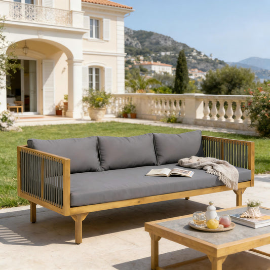 Outdoor Patio Sofa With Dark Grey Cushion & Grey Rope, Acacia Wood Teak Finish, Water Repellent Fabric, 600 Lbs Capacity, For Garden, Deck, Or Backyard