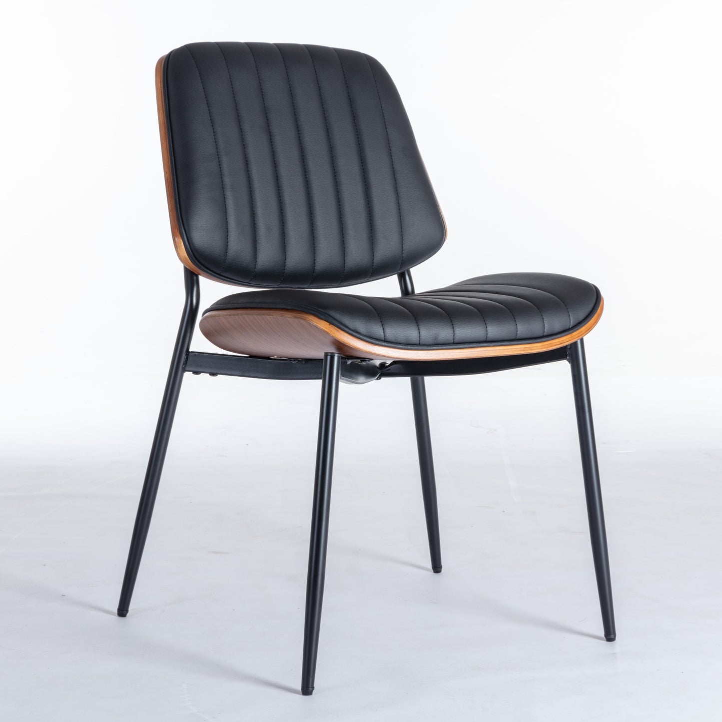 Dining Chairs Set Of 2 Mid Century Modern Retro Faux Leather Chair With Walnut Bentwood Back Upholstered Seat Metal Legs Adjustable Foot For Kitchen Dining Room Chairs Black PU ,DE1849BK