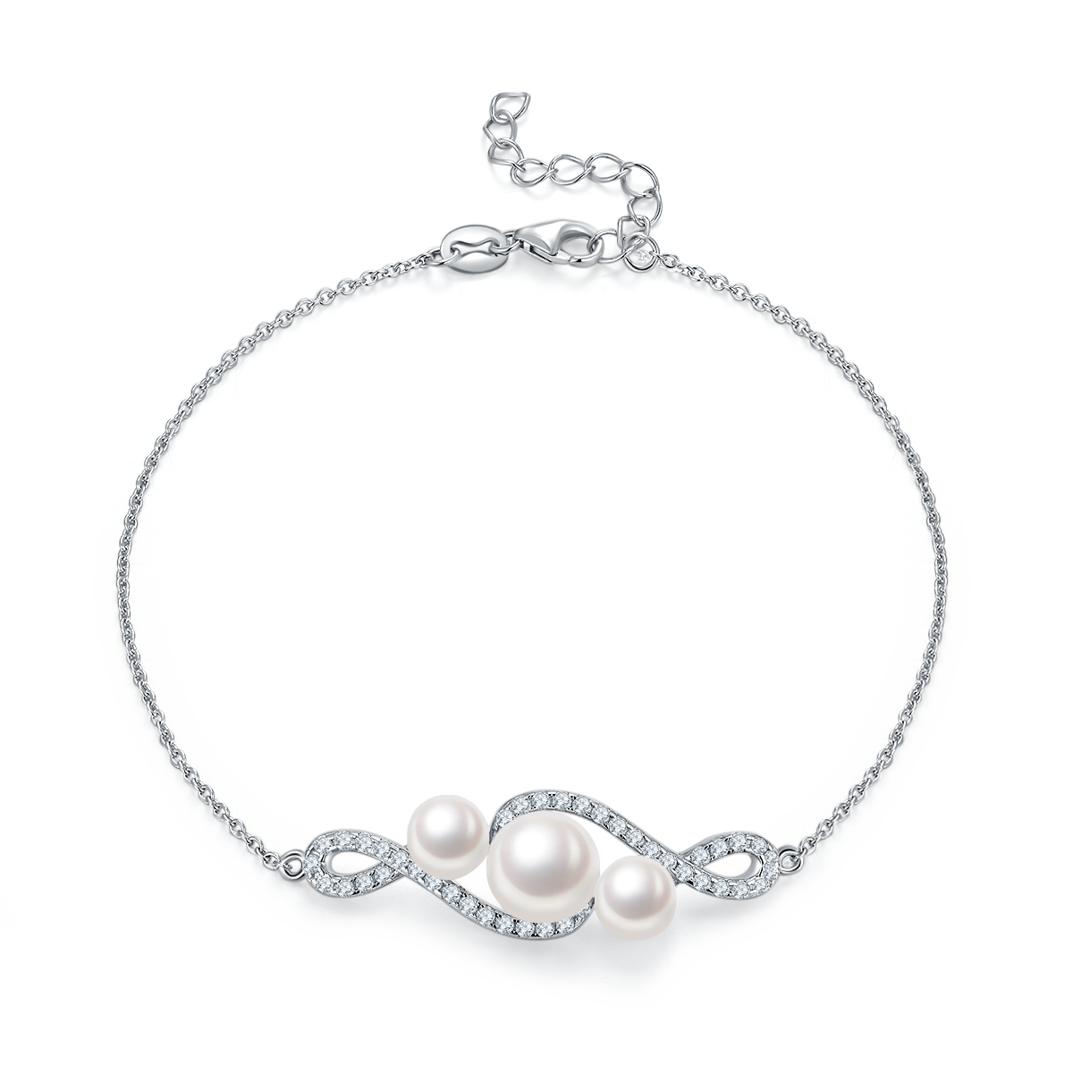 S925 Sterling Silver Natural Freshwater Pearl Bracelet For Women, Infinity Pave Design, 3g, Platinum Plated, Extender Chain, Gift Box