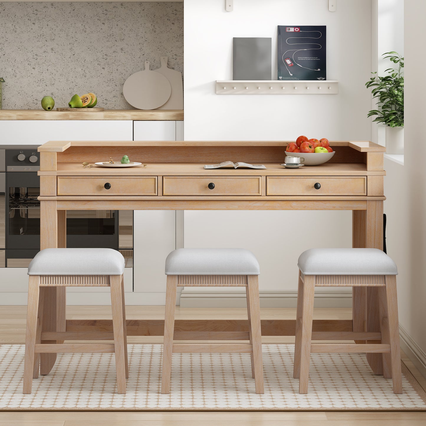 TREXM 4-Piece Dining Table Set For 3  Retro Kitchen Table And Chairs Set With 3 Storage Drawers  Ideal For Small Spaces  Natural
