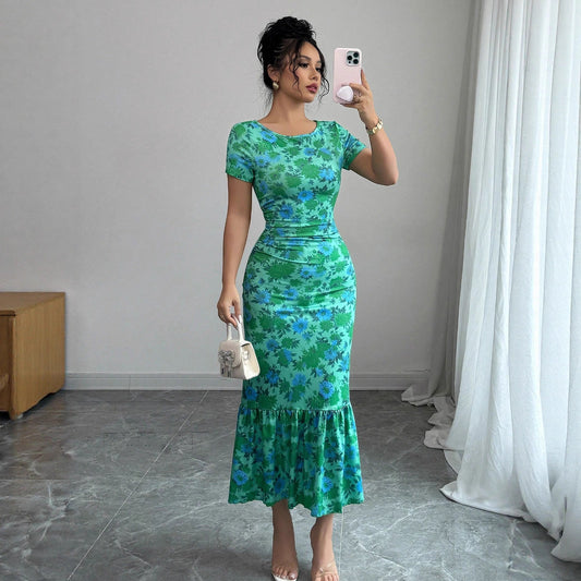 French-Elegant Floral Print Ruffle Hem Body-Slimming Dress
