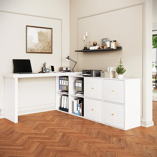 N880P3123534W Corner Table, Table Top 360degree Swivel-L-shaped Or Straight, MDF, Table Top And Legs 4 Cm Reinforced, With 4 Compartments, 4 Drawers, White, Flexible Positioning, Desk