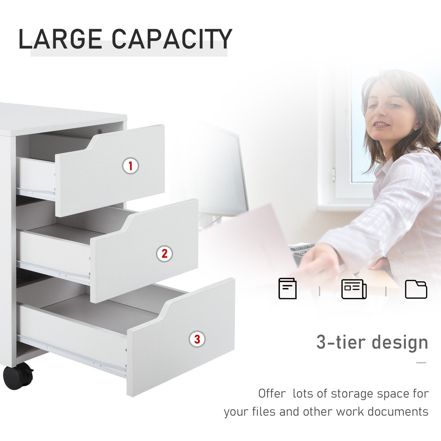 3 Drawer Mobile File Cabinet, Vertical Filing Cabinet With Wheels For Home Office, White