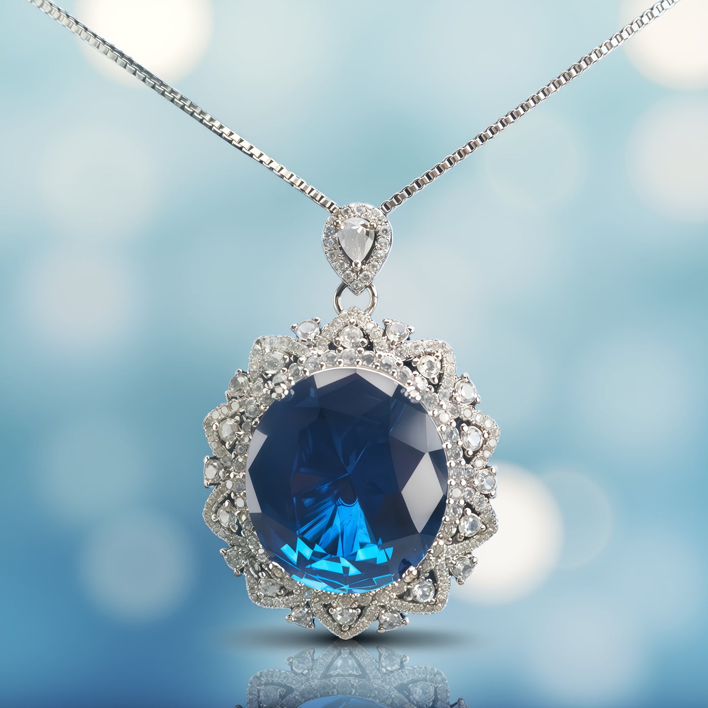 Oval Cut Royal Blue Simulated Sapphire Double Halo Pendant Necklace For Women, Copper Plated Silver White CZ Vintage Floral Halo Wedding Bridal Statement Jewelry Gift