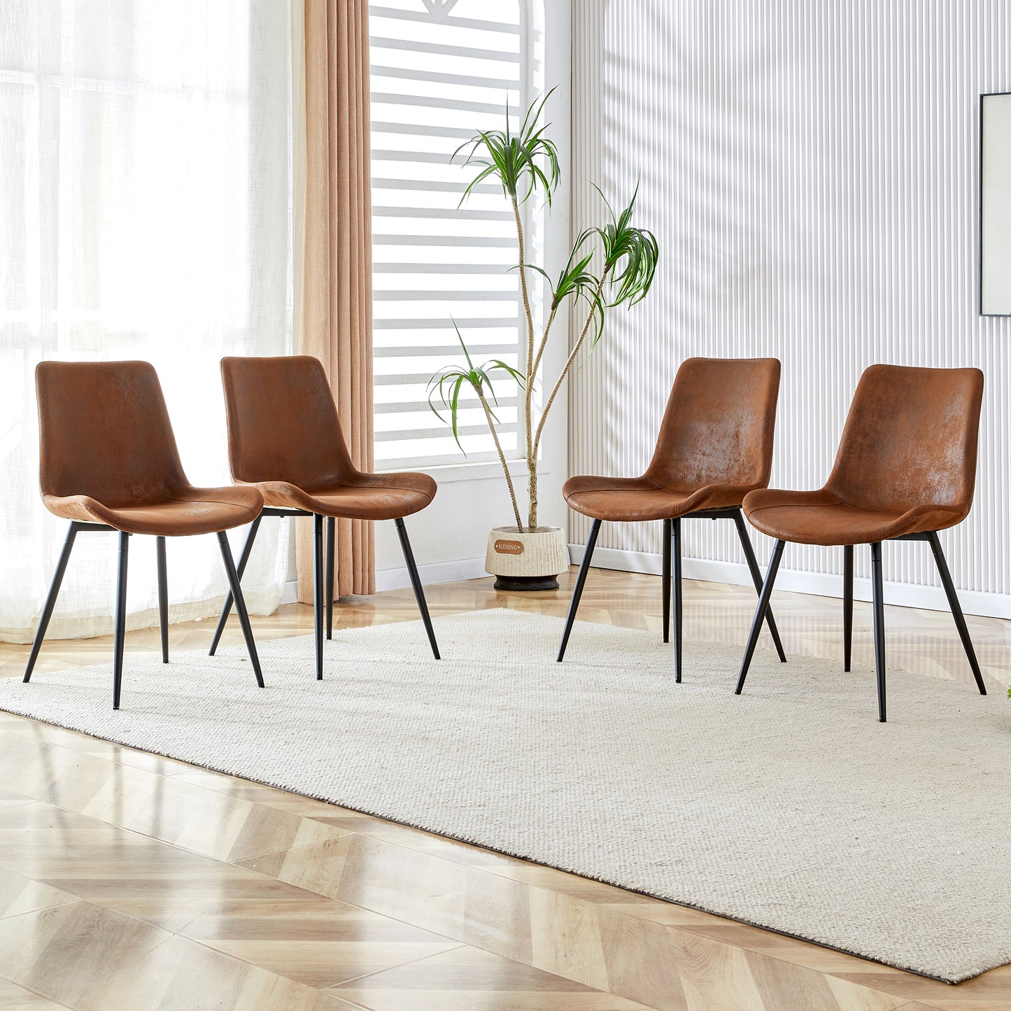 4-Piece Set Brown Breathable Tech-Fabric Dining Chairs Modern Design With Widened Seat, Backrest & Non-slip Metal Feet For Home And Office.