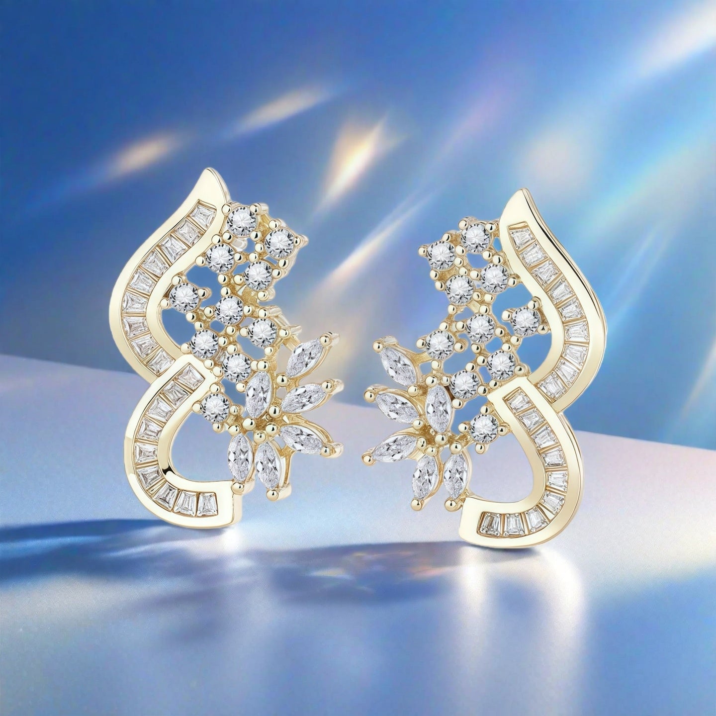 Irregular Curved Intertwined Flower Paved Clear CZ Stud Earrings For Women, Copper Silver Plated Marquise Crystal Vintage Wedding Party Statement Jewelry Gift
