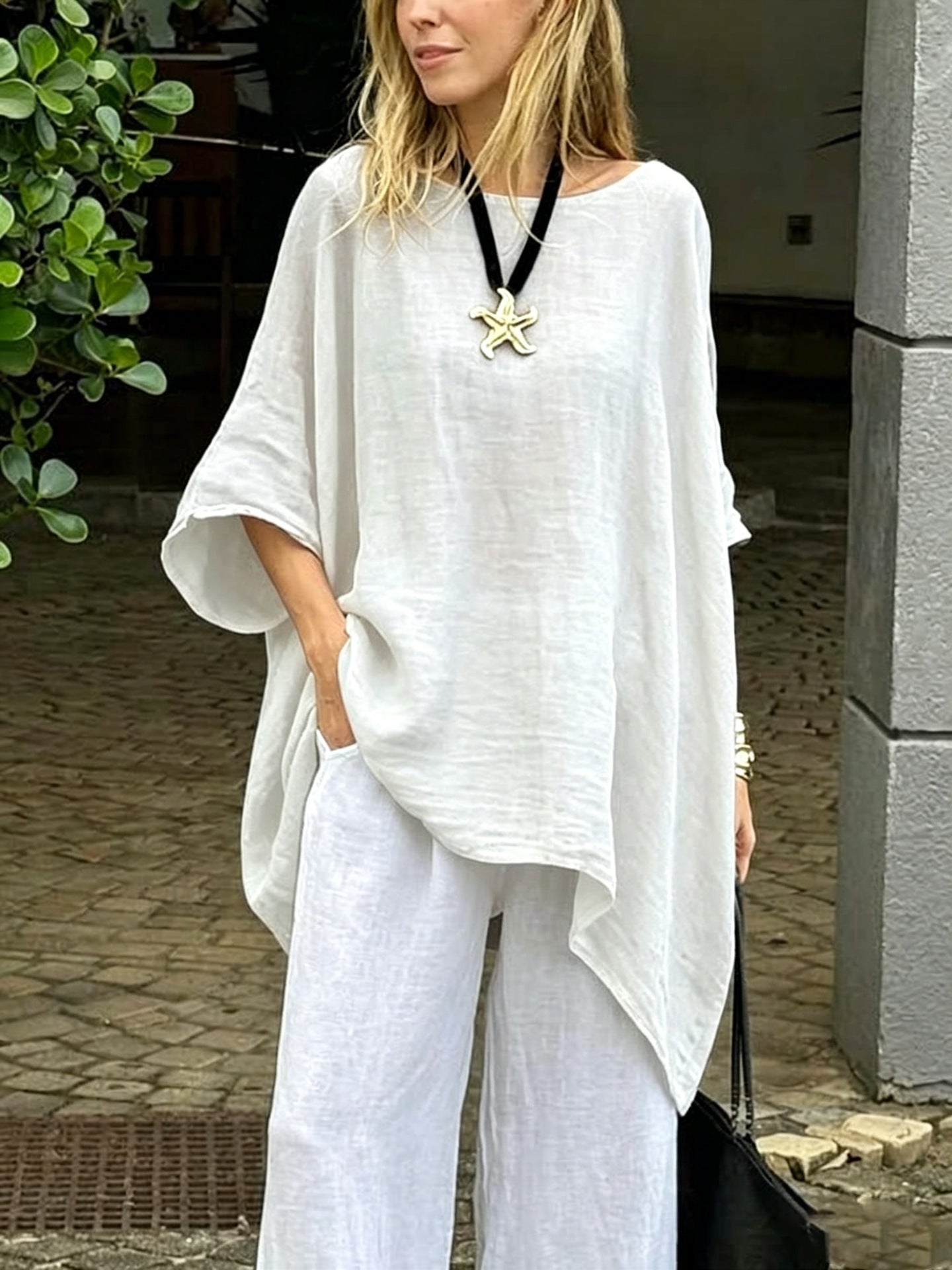 Womens Irregular Fashion Solid-Color Round-Neck Casual Top