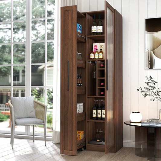Kitchen Pantry Cabinet With Multi-functional Pull-out Multi-tier Storage Shelf,Farmhouse Storage Cabinet With Glass Doors,Pantry Organizers For Kitchen, Bar Cabinet,Dining Room