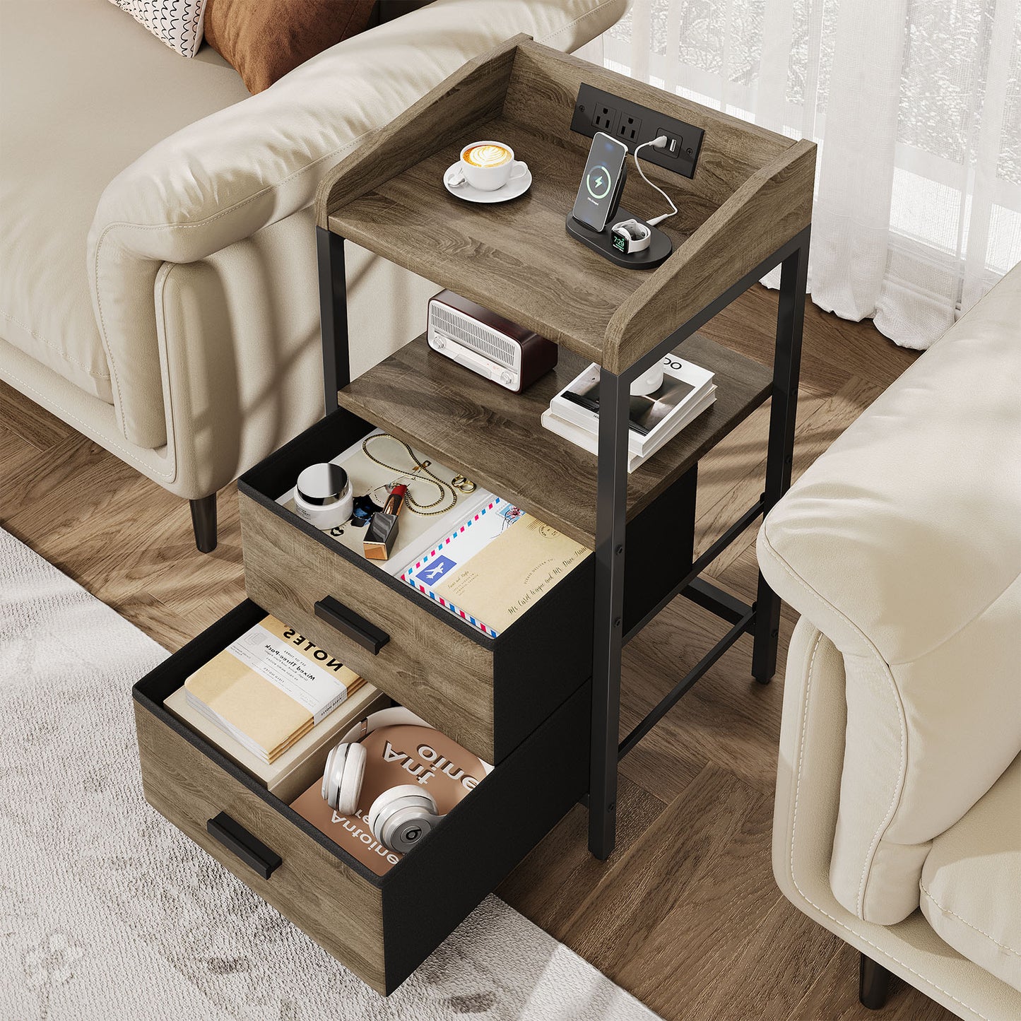 Nightstand With Charging Station Modern Bedside End Side Table With Guardrail Storage Shelf 2 Fabric Drawers USB Ports AC Outlets