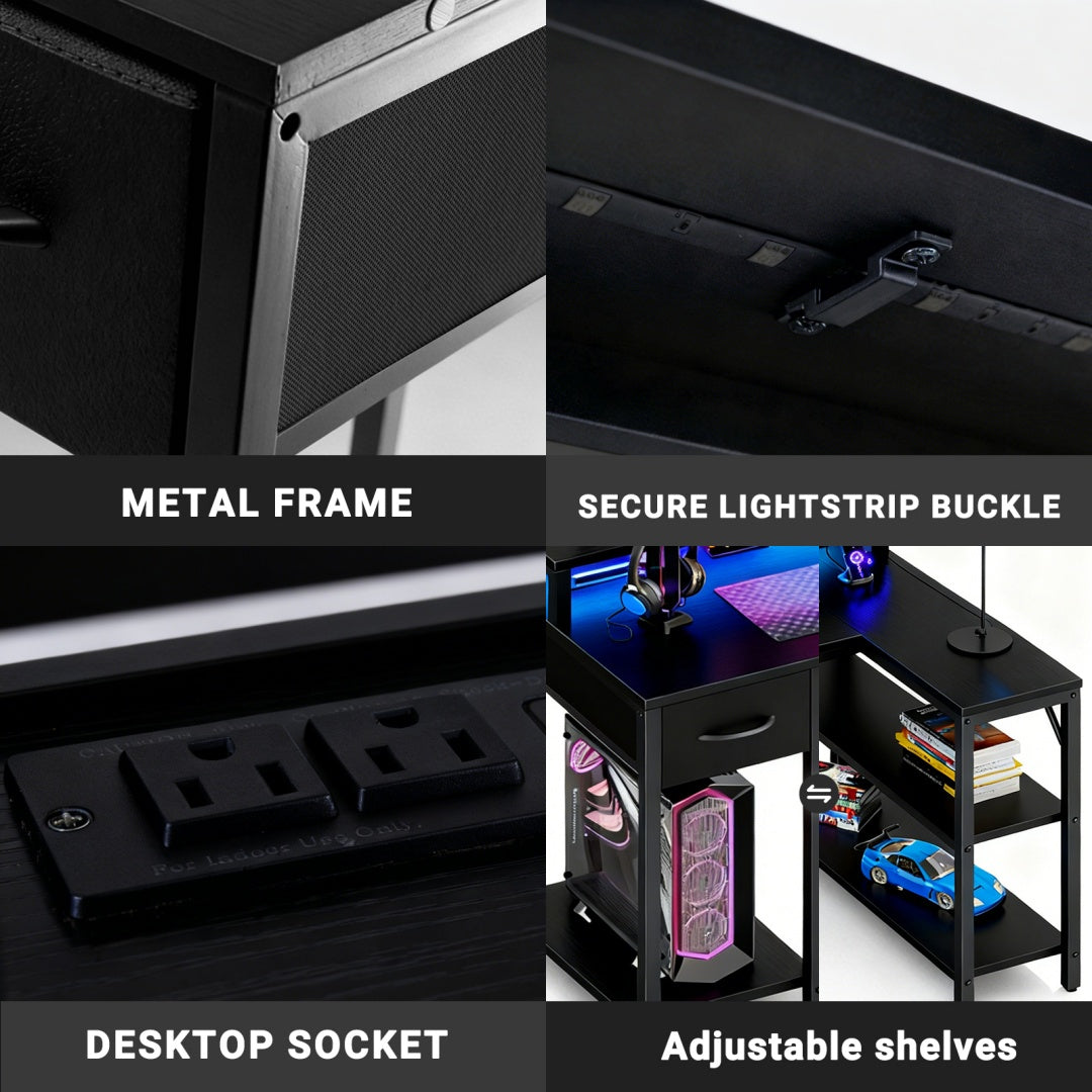 53-inch Gaming Table With USB Charging Port And LED Light, Reversible L-shaped Table With Power Socket And Monitor Stand