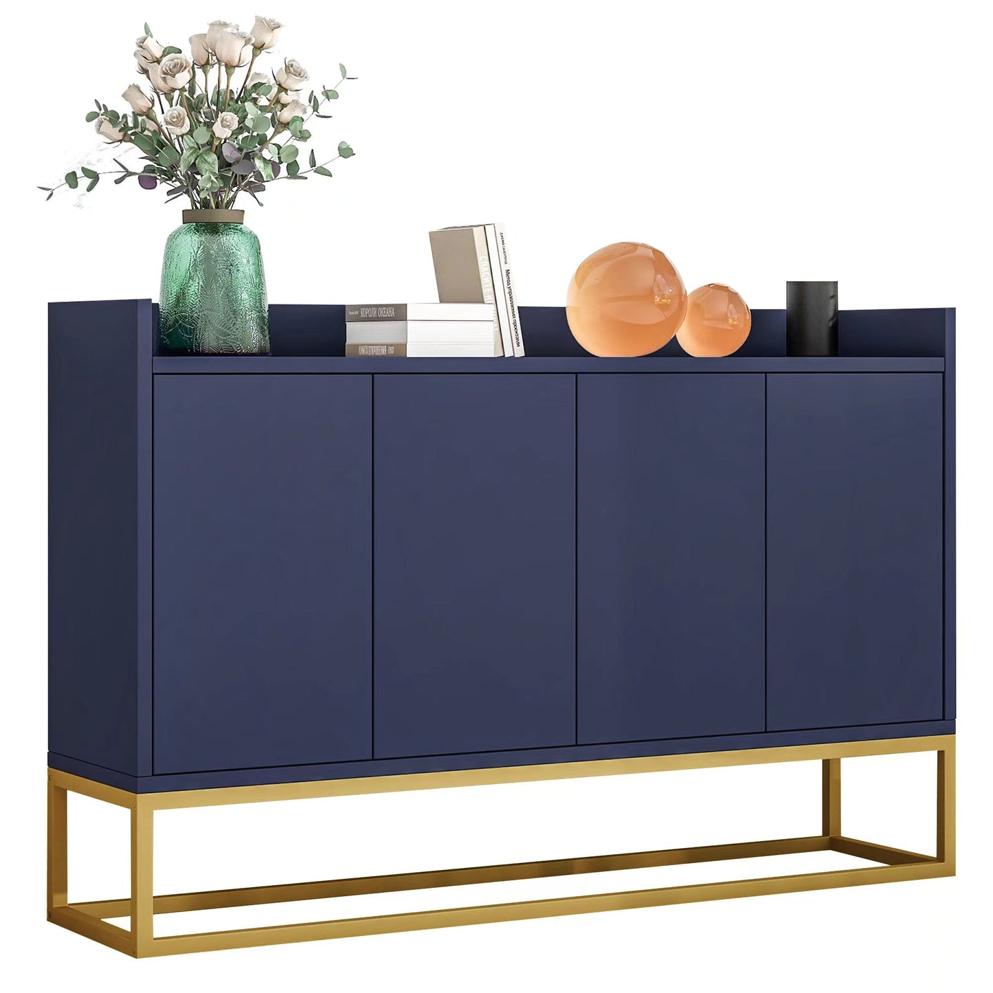 Modern Minimalist Style Sideboard 4 Door Handleless Buffet Cabinet For Dining Room, Living Room, Kitchen  Navy Blue