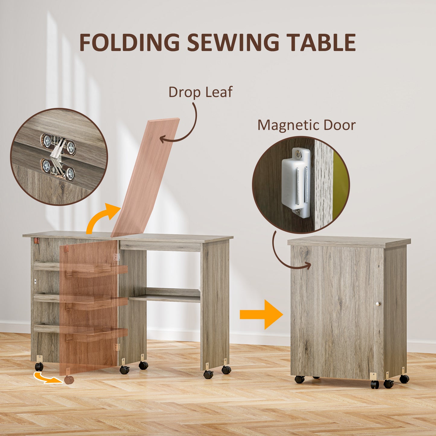 Folding Sewing Table, Drop Leaf Craft Table With Storage Bins, Open Shelf And Wheels, Rolling Sewing Machine Cabinet Computer Desk For Small Space, Grey